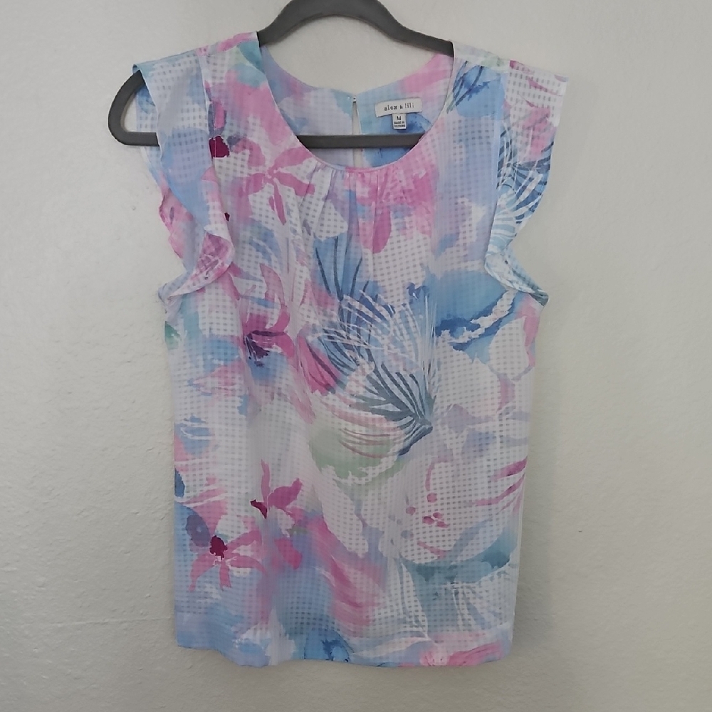 Alex & Lili Floral Colorful Round Neck Ruffle Sleeveless Top